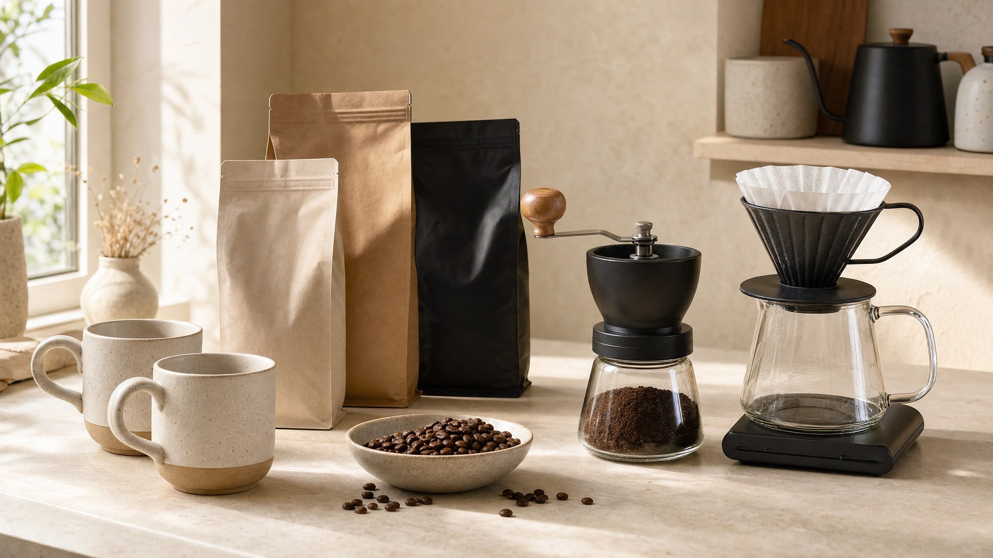 Coffee bags, grinder, pour-over brewer, and mugs on a kitchen counter