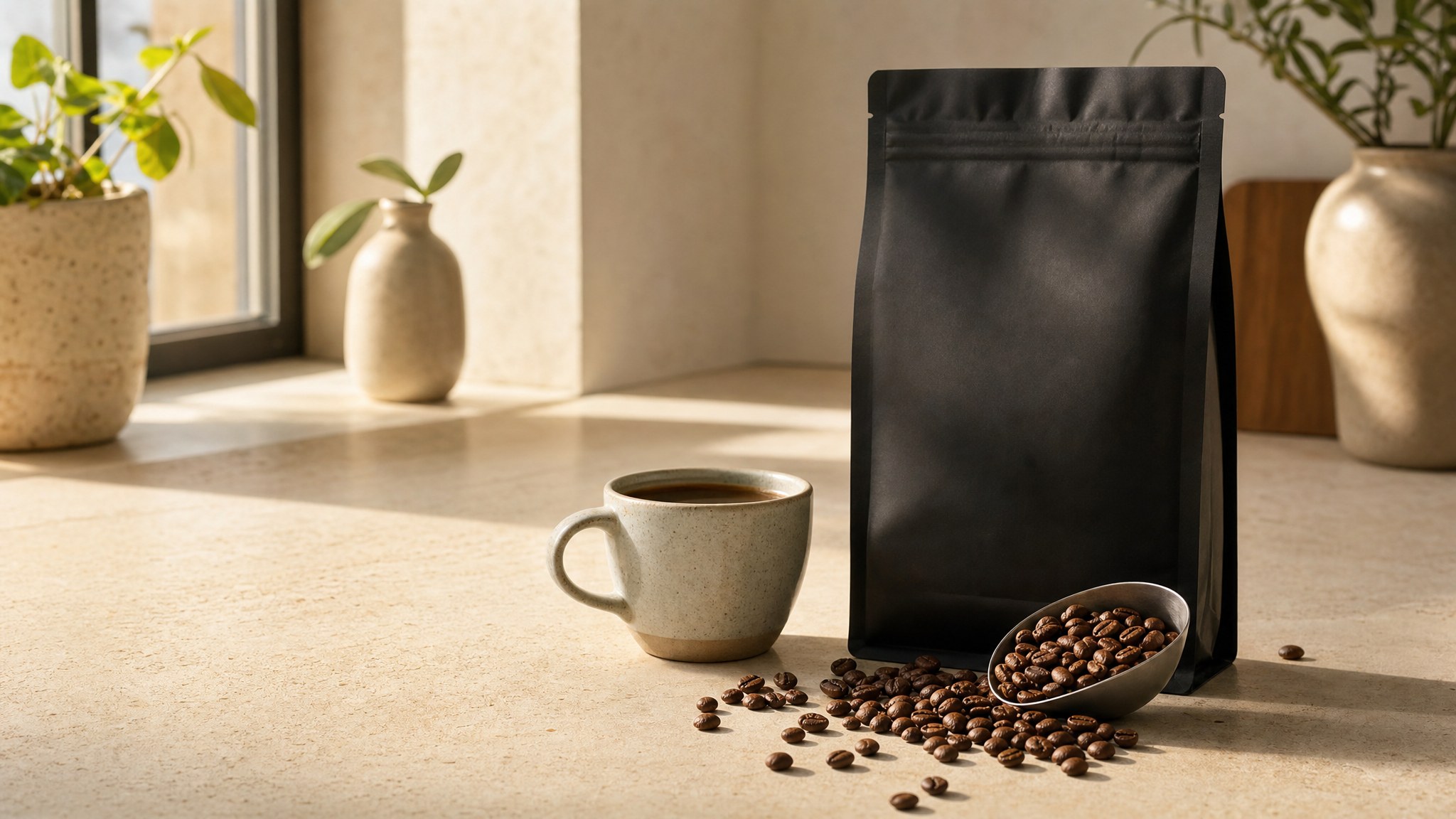 Whole coffee beans beside an unbranded coffee bag and a cup of coffee