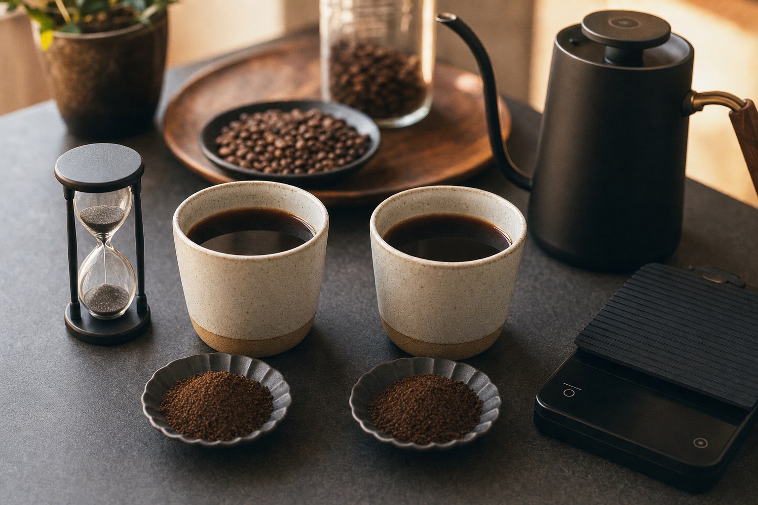 Two cups of brewed coffee arranged for a side-by-side taste test