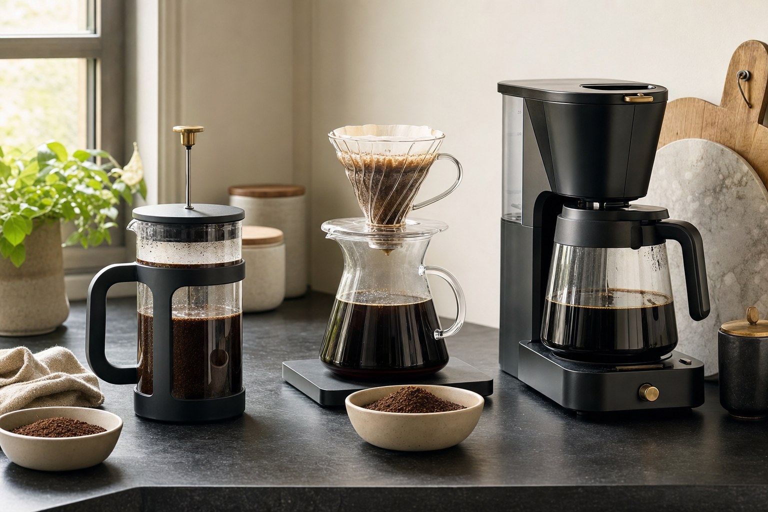 French press, pour-over dripper, and automatic coffee maker on a home coffee station