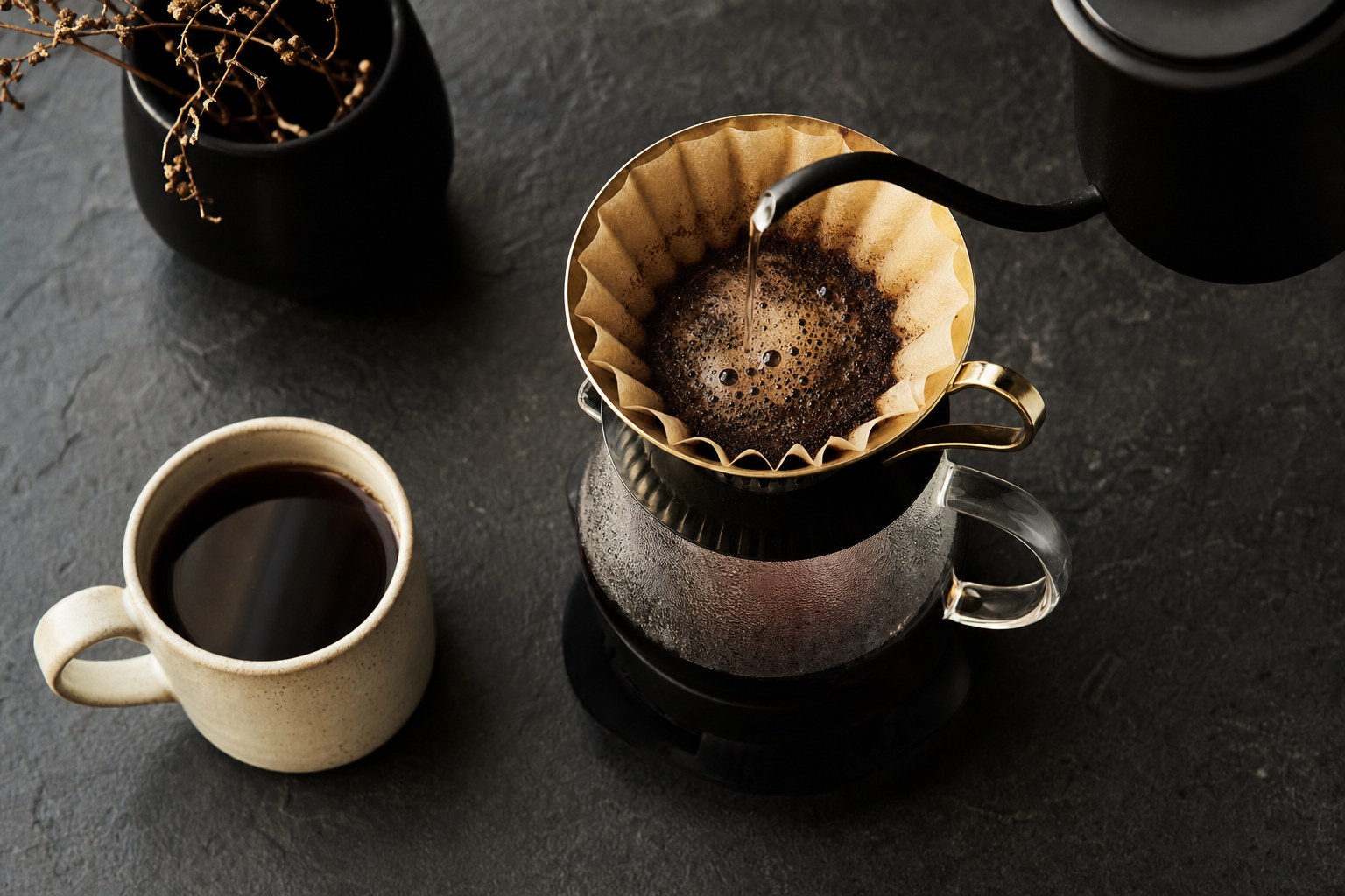 Pour-over coffee brewing on a dark countertop beside a cream ceramic mug