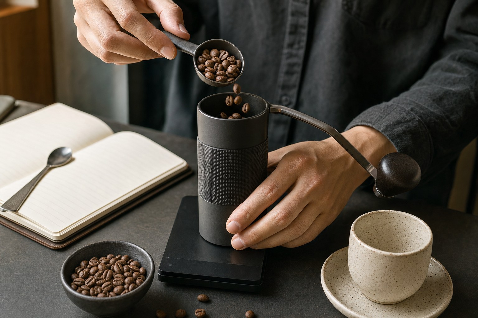Whole coffee beans being added to a hand grinder on a kitchen scale