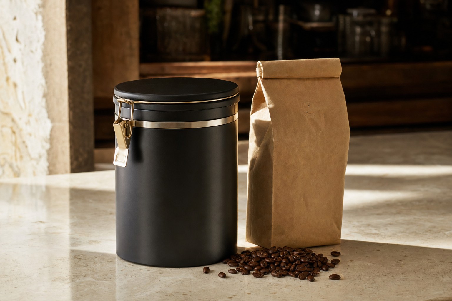 Matte black coffee canister and sealed bag of whole coffee beans on a kitchen counter