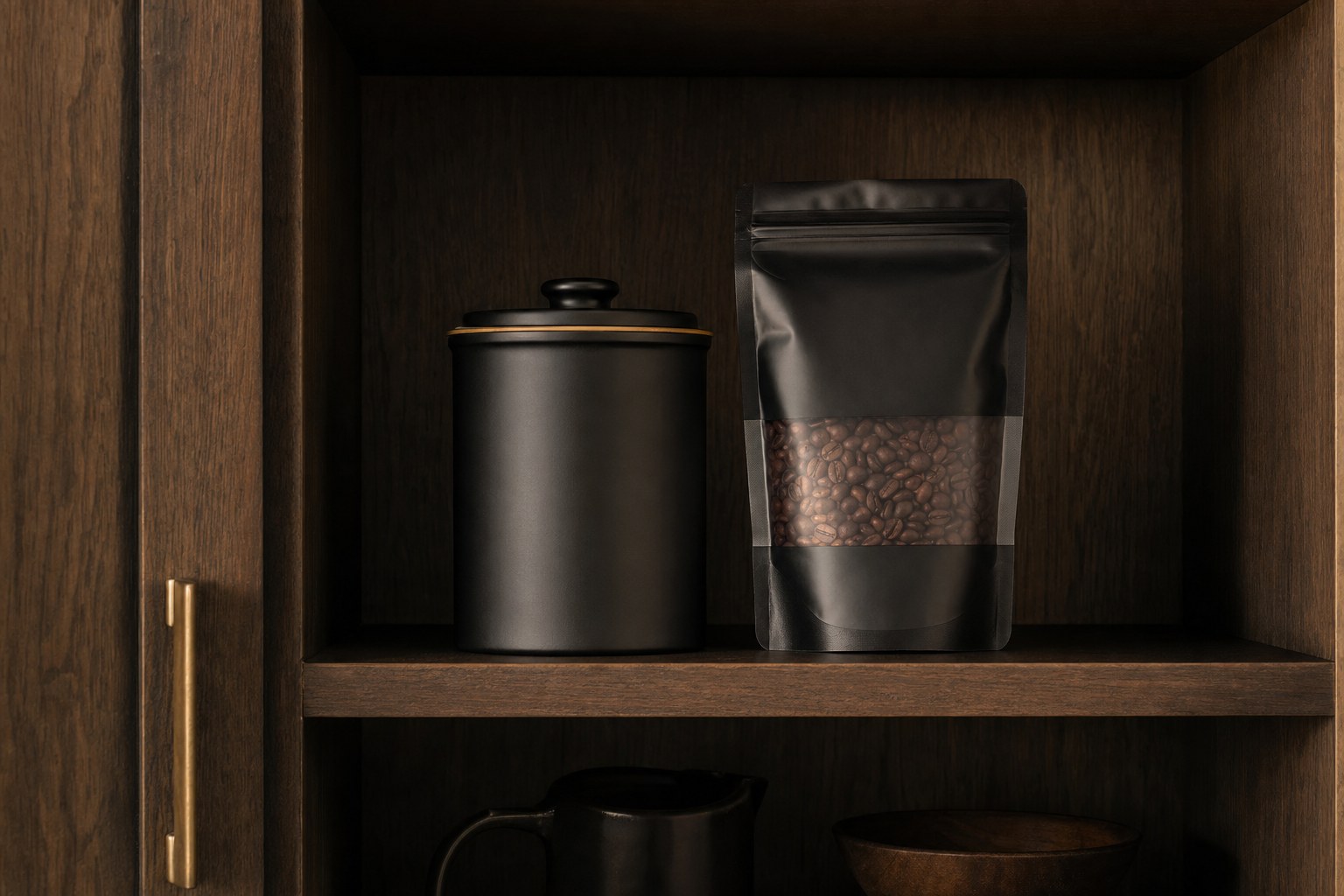 Opaque coffee canister and coffee bag stored in a dark wooden cupboard
