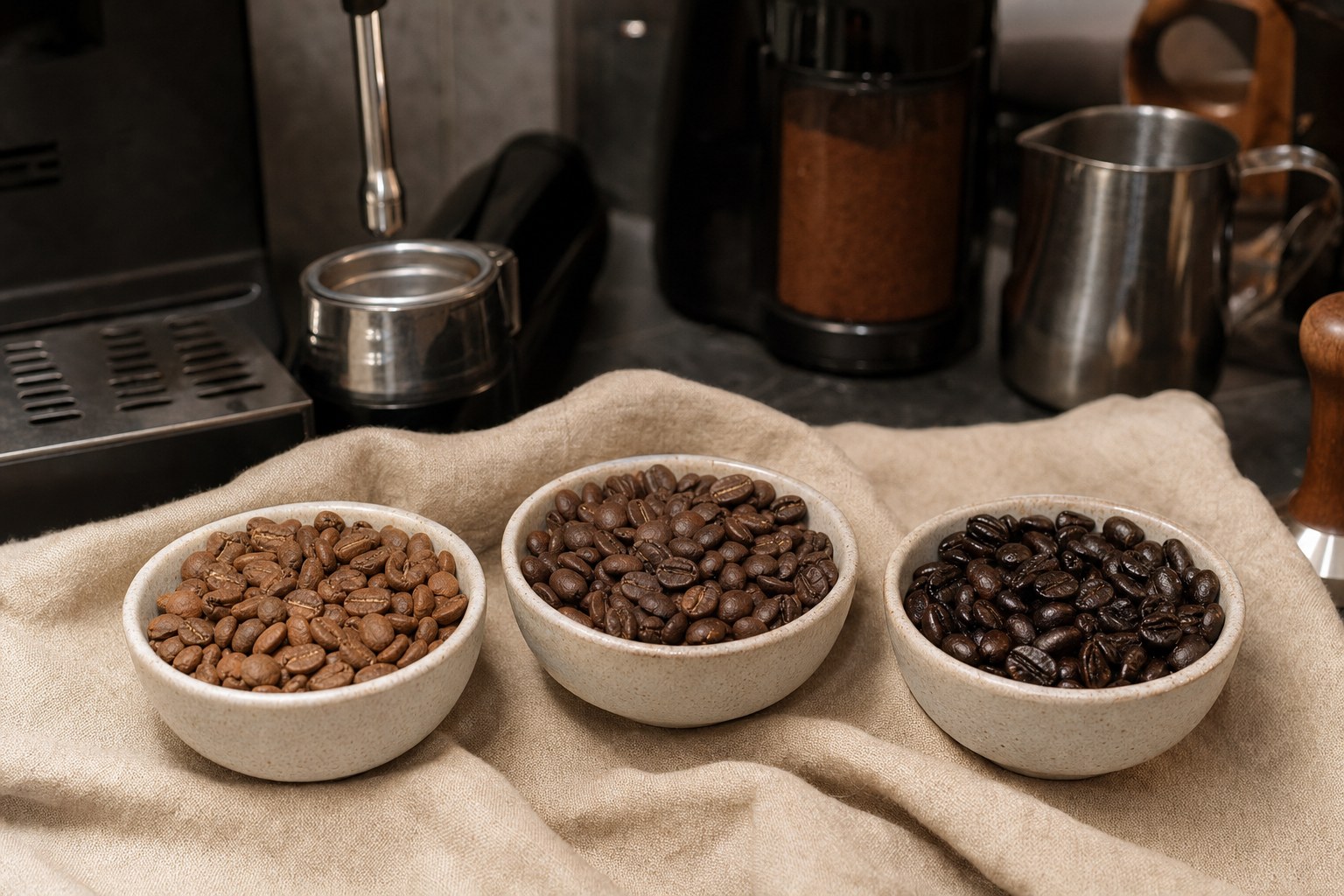 Three bowls of whole coffee beans in light, medium, and dark roast shades beside home espresso equipment
