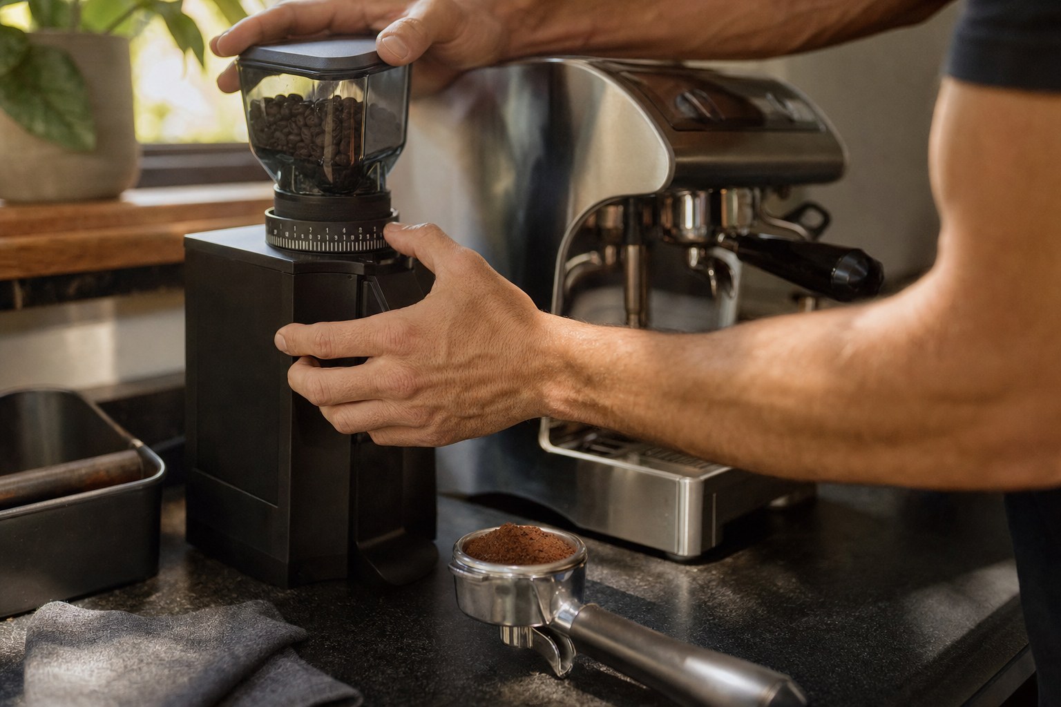 Home coffee drinker adjusting a burr grinder beside an espresso machine