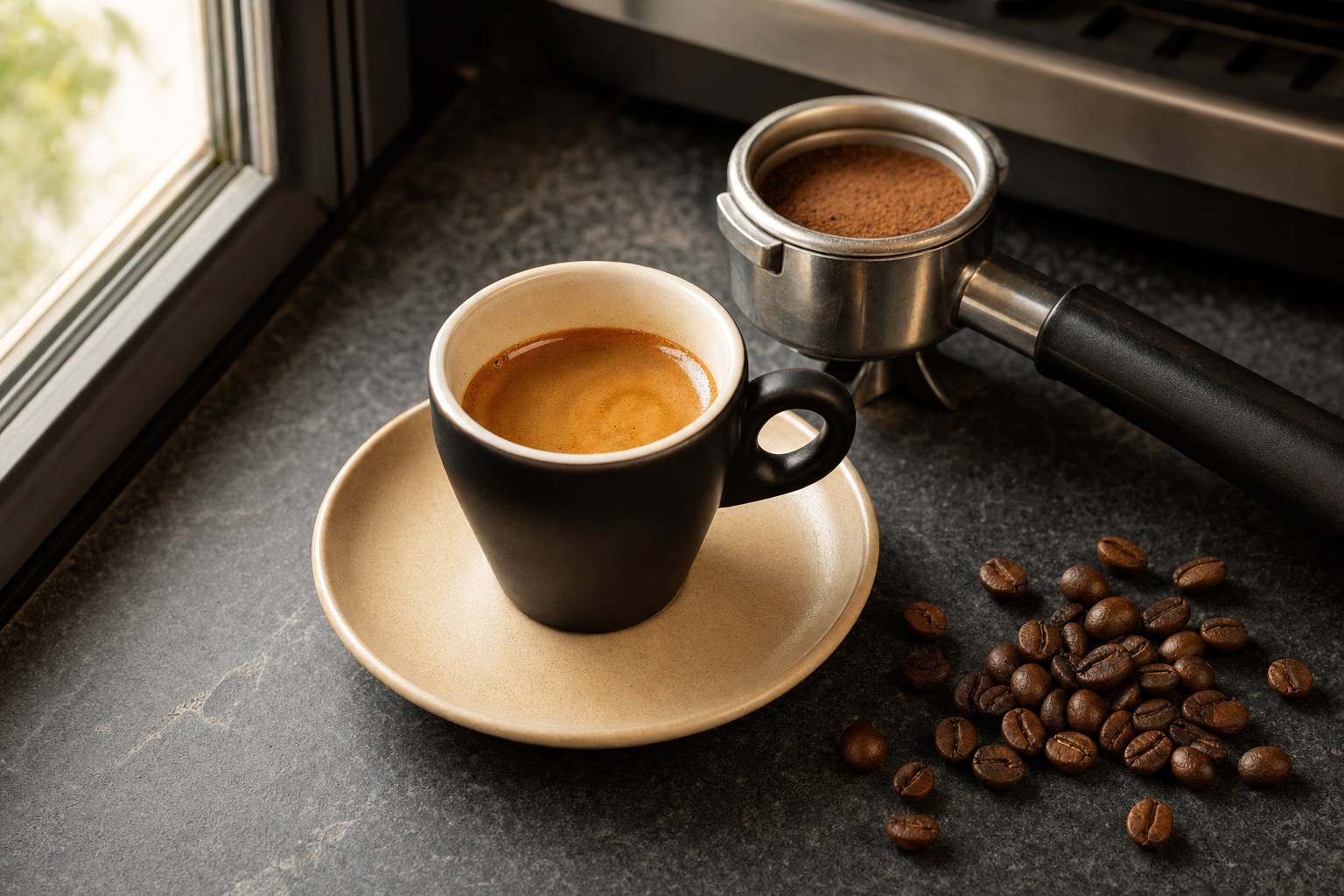 Fresh espresso in a black cup beside a portafilter and whole coffee beans