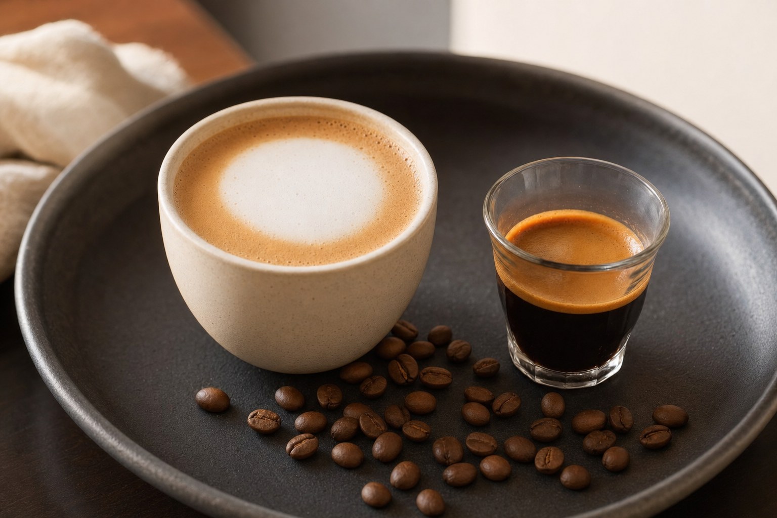 Latte and straight espresso served side by side on a dark tray