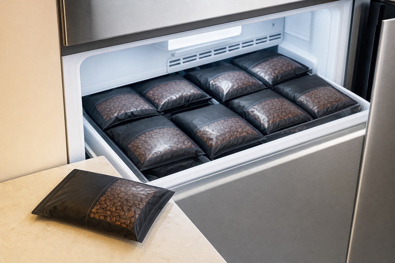 Small sealed portions of whole coffee beans stored in a freezer drawer