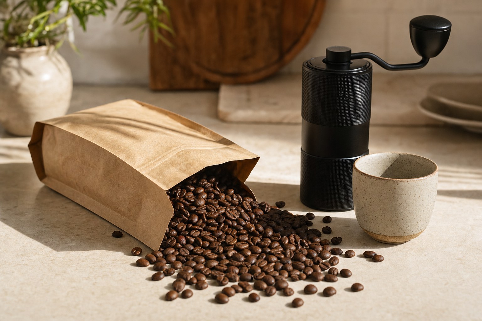 Whole coffee beans beside a hand grinder and ceramic coffee cup