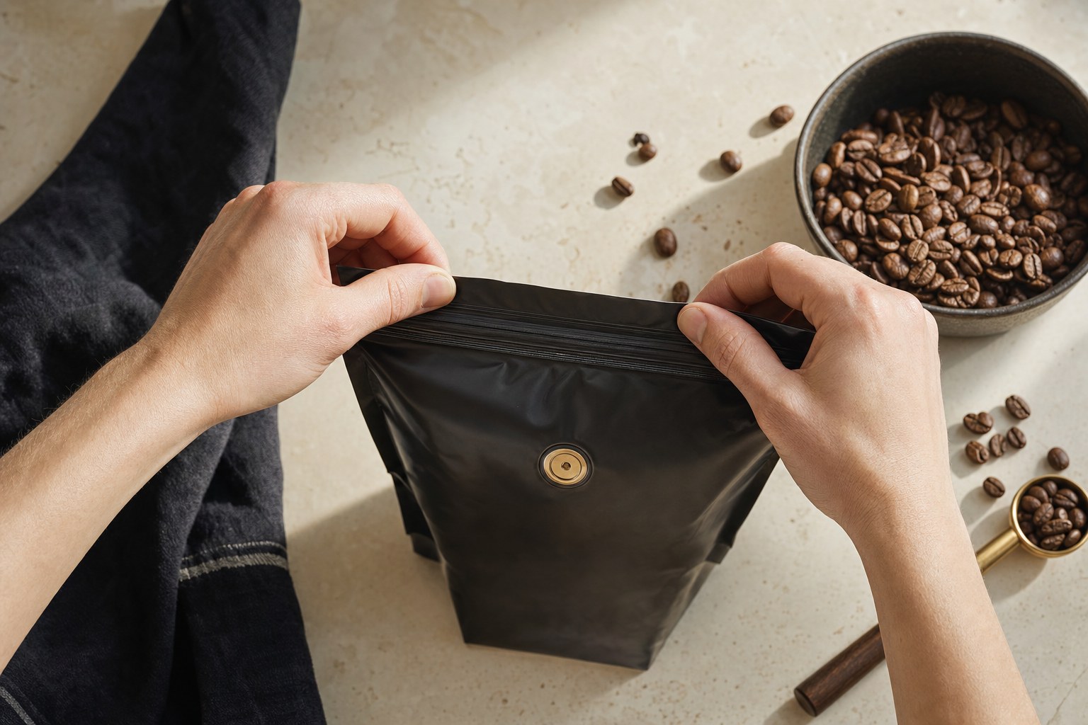 Hands sealing a coffee bag beside whole beans on a kitchen counter