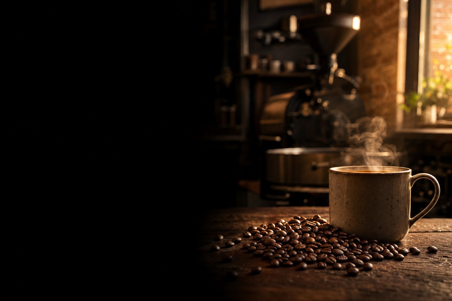 Fresh coffee beside a steaming mug in Diamond Grind’s roasting workspace