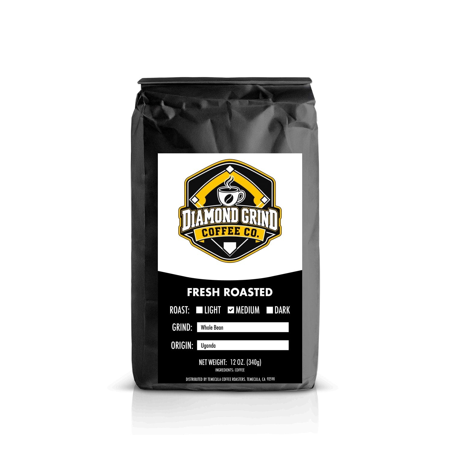 A bag of Diamond Grind whole bean coffee ready to be ground fresh