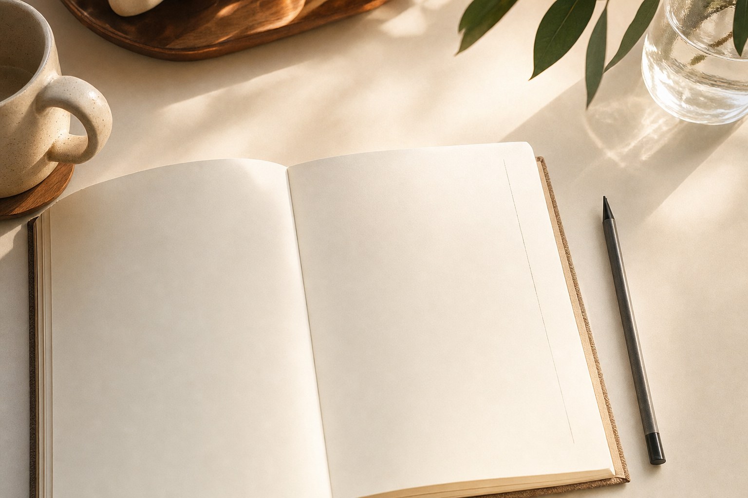Open notebook and pen on a warm desk