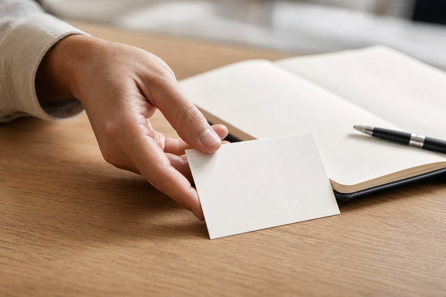 Hand placing a blank card beside a notebook