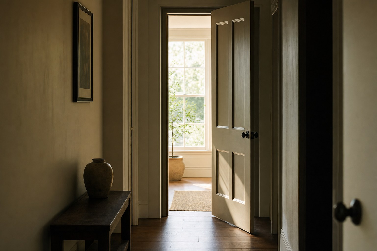 Partly open doorway with soft daylight beyond it