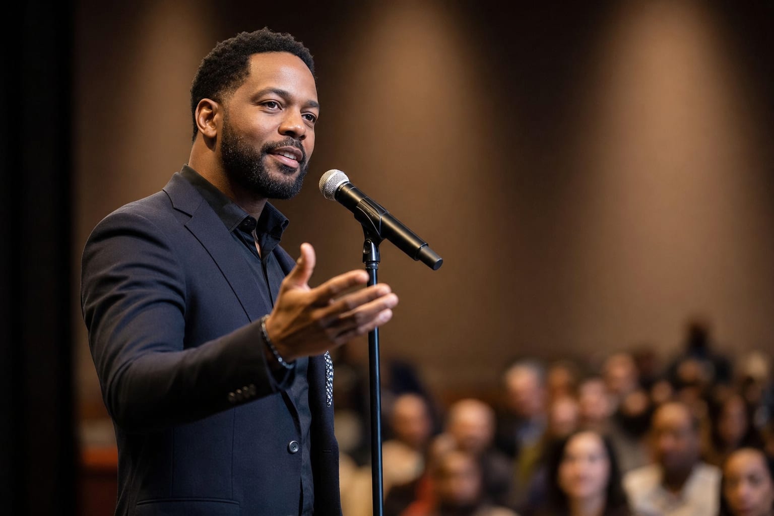 Confident speaker sharing a message at a microphone