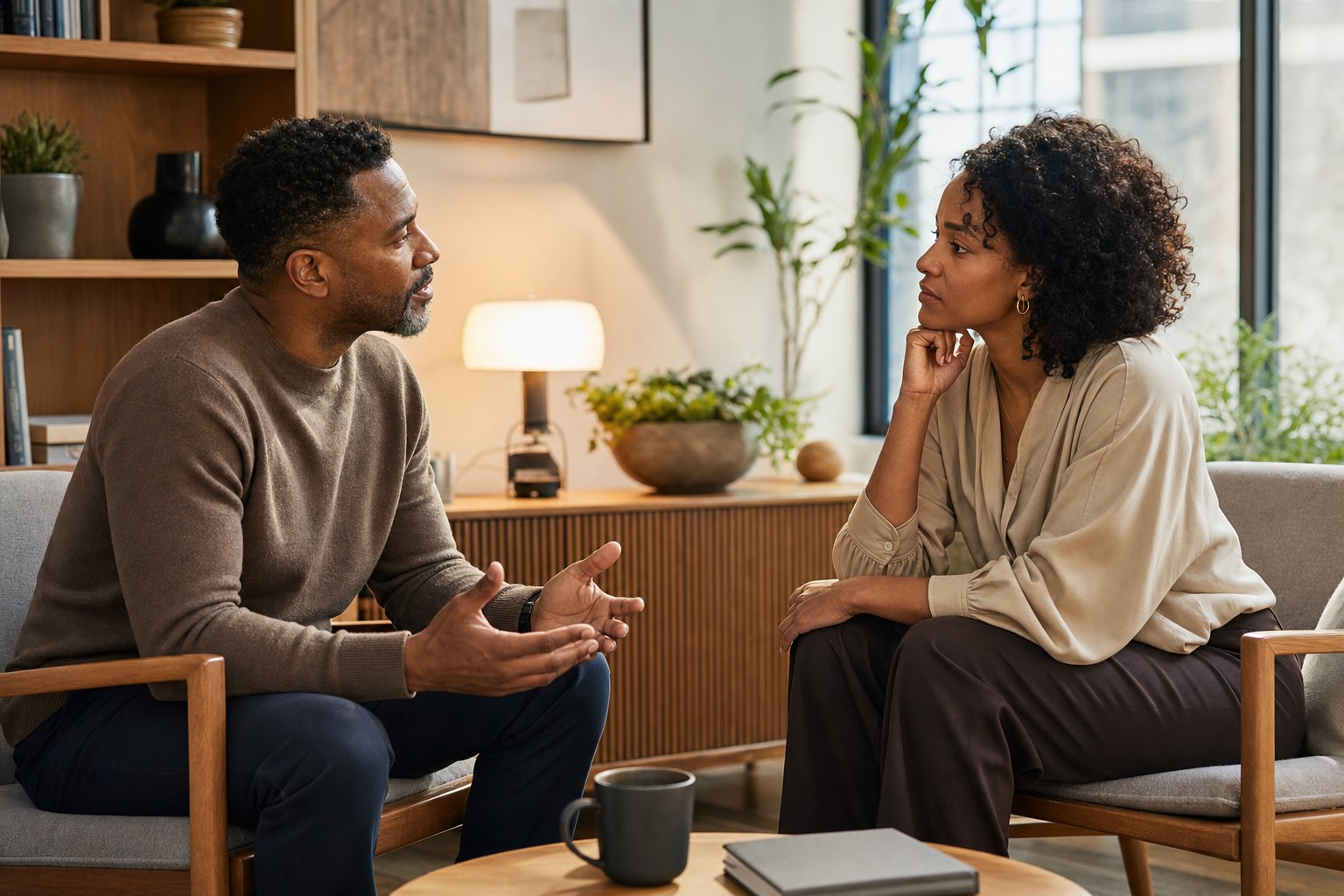 A coach and client in a thoughtful conversation