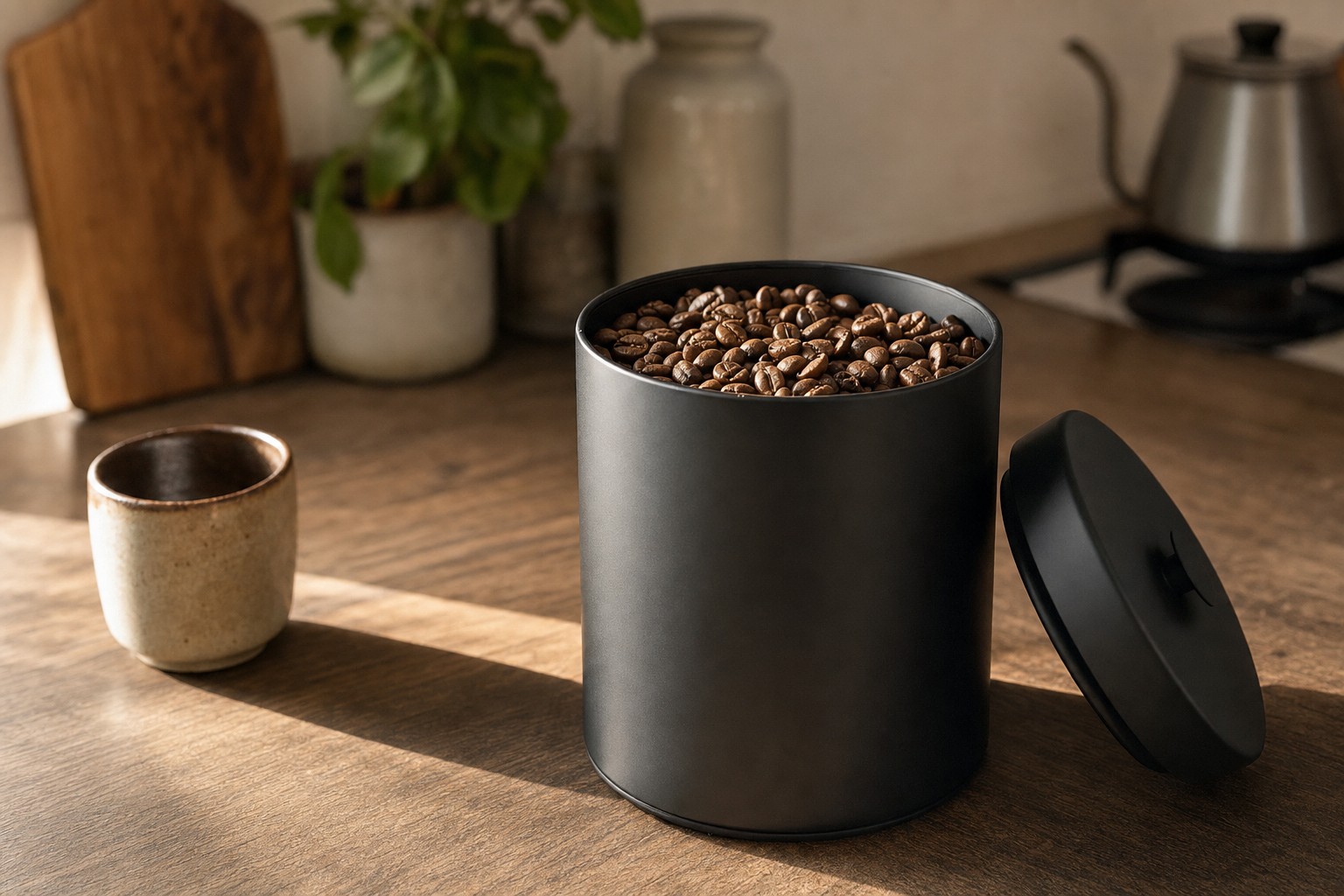 Whole coffee beans in a matte black storage canister on a kitchen counter