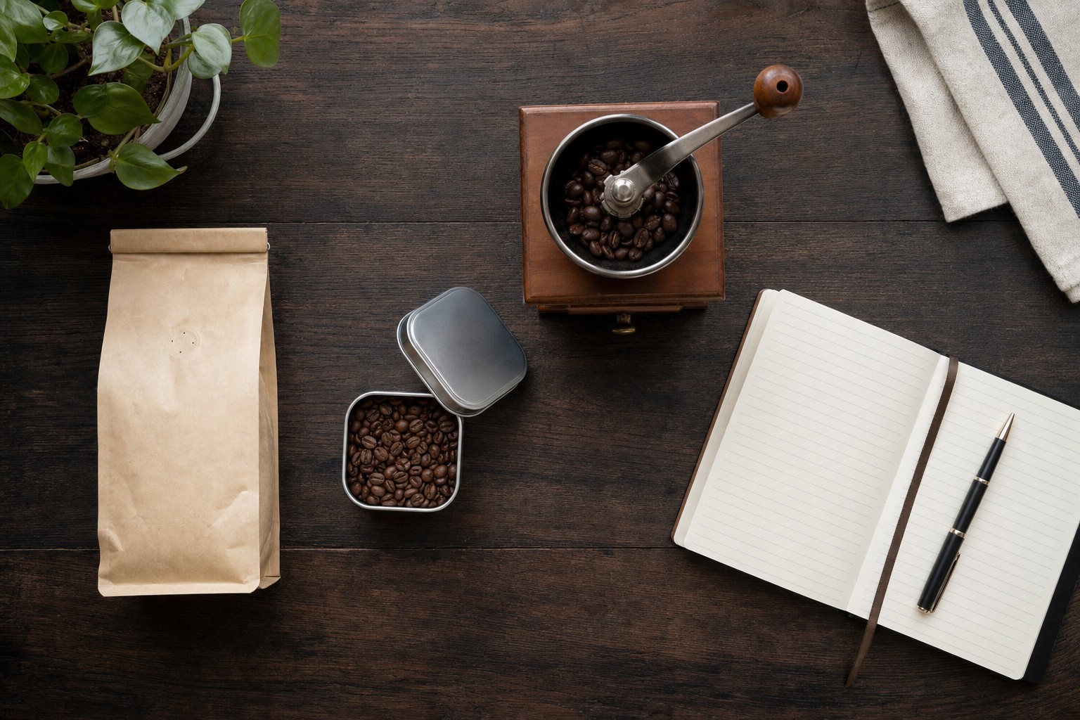 Whole coffee beans, a storage tin, and a hand grinder arranged on a dark counter