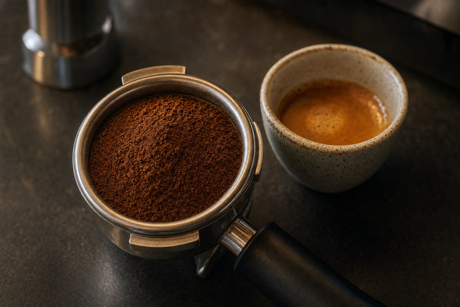Fine espresso grounds in an unbranded portafilter beside a small cup