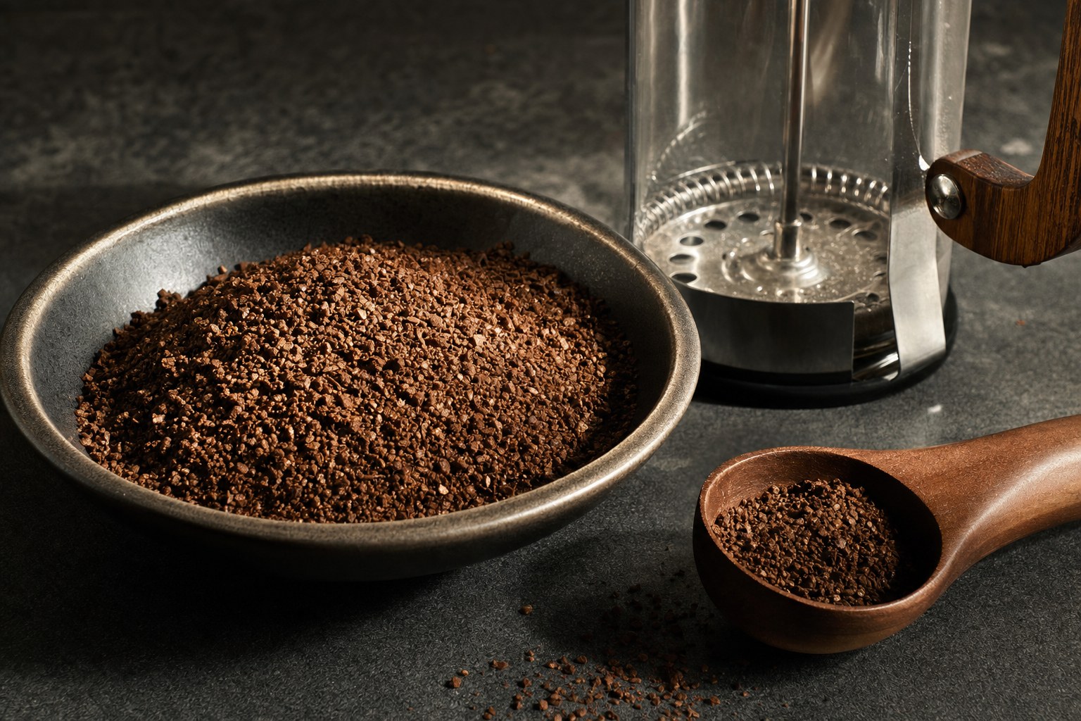 Coarse coffee grounds beside a glass French press on a dark counter