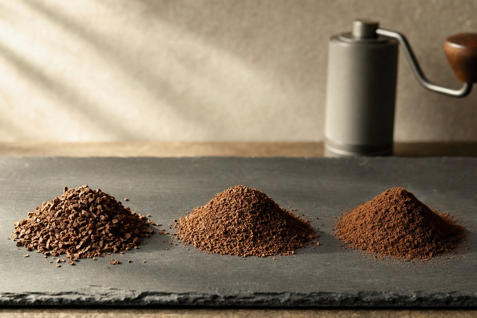 Coarse, medium, and fine coffee grounds arranged on a dark stone surface