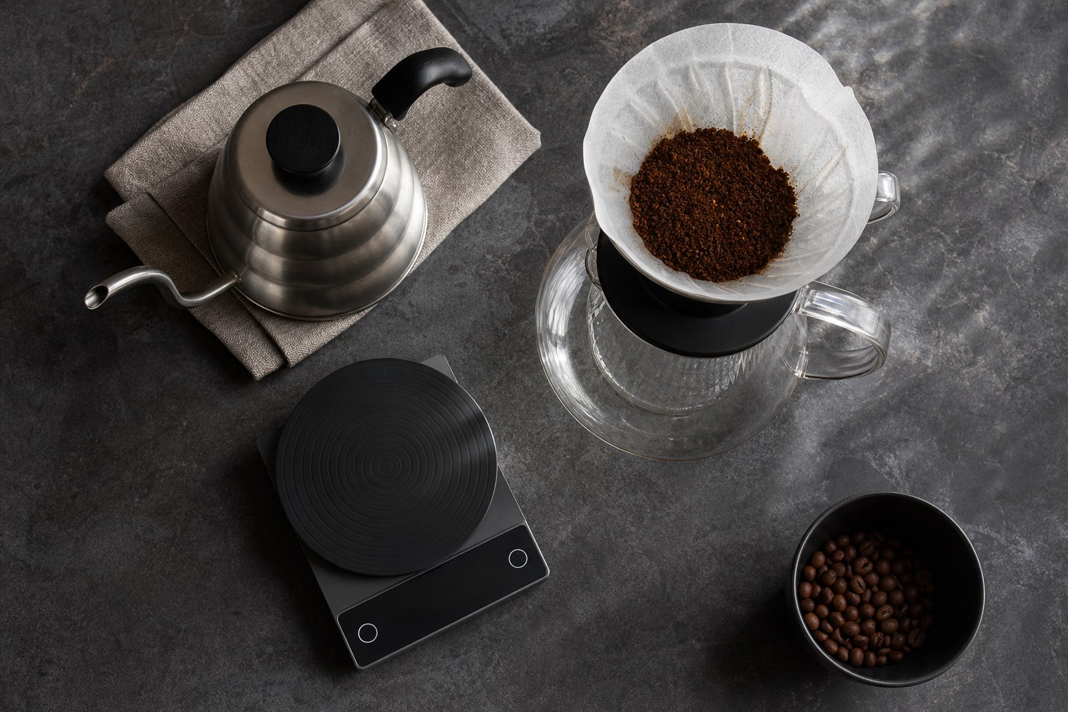 Pour-over coffee setup with grounds, kettle, glass server, and scale