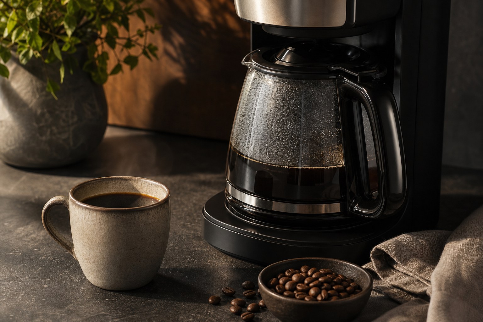 Clean drip coffee maker and a cup of black coffee on a dark kitchen counter
