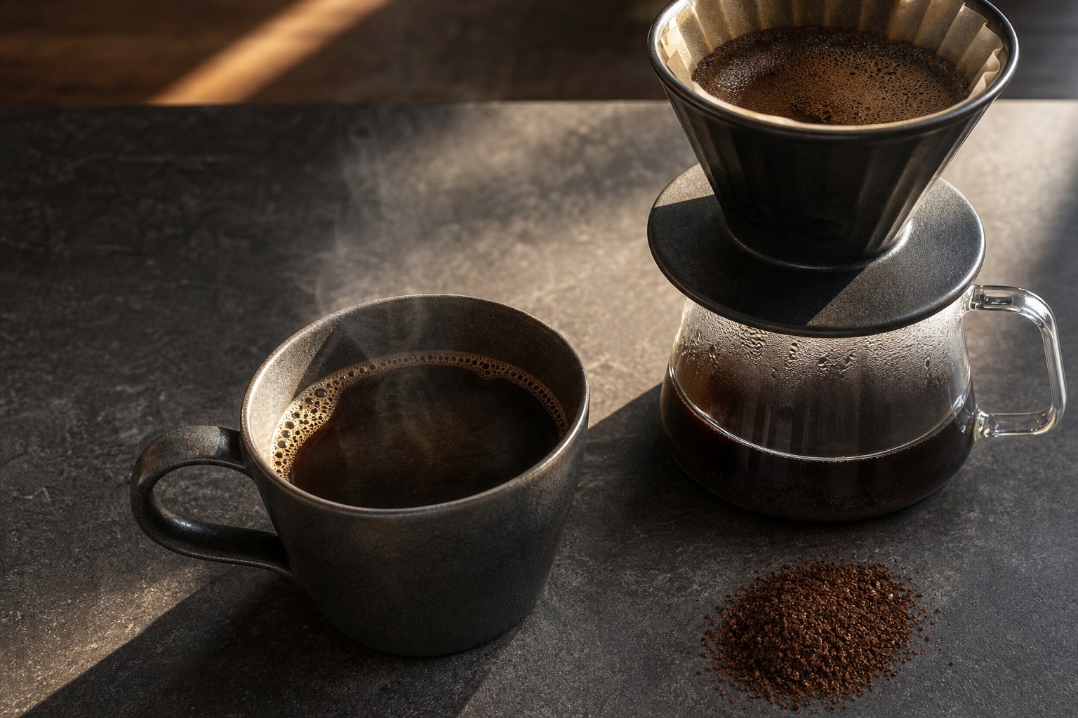 Fresh black coffee beside a pour-over dripper on a dark stone counter