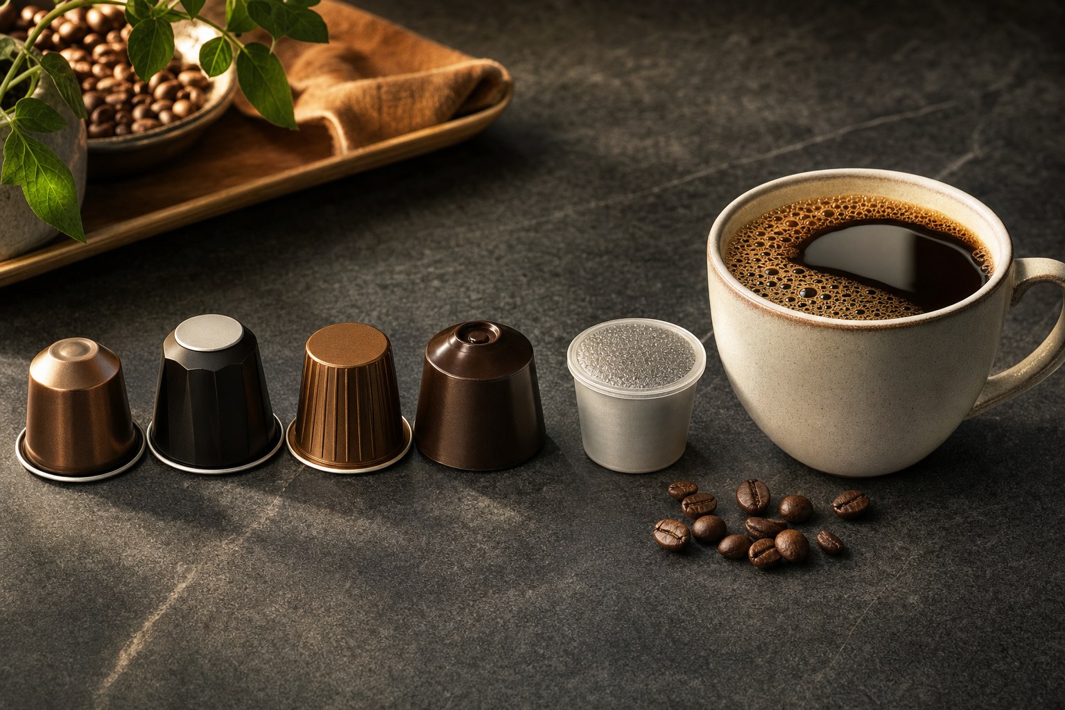 Unbranded coffee pods and a cup of black coffee on a dark counter