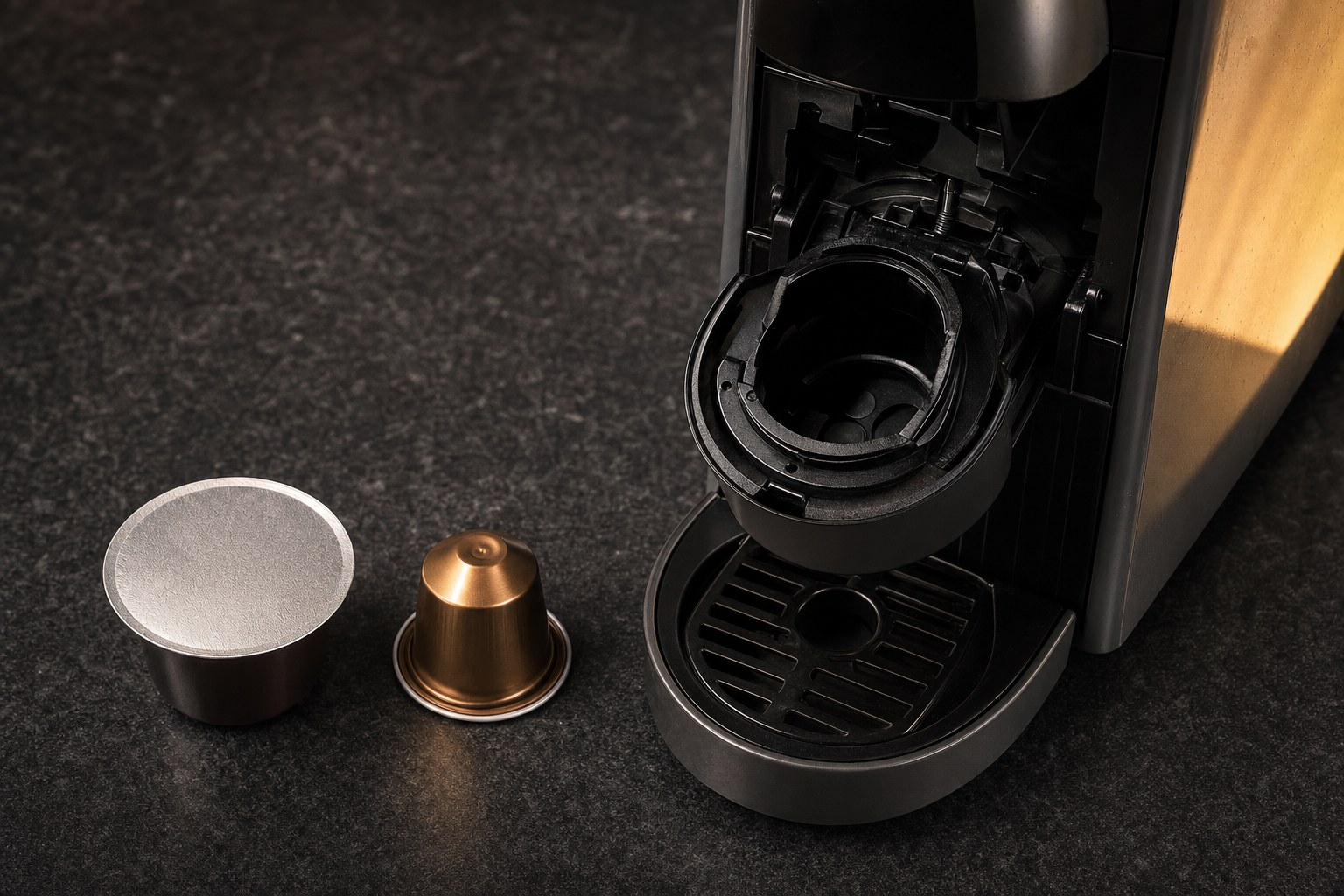 Two generic coffee pod shapes beside an open single-serve brewer