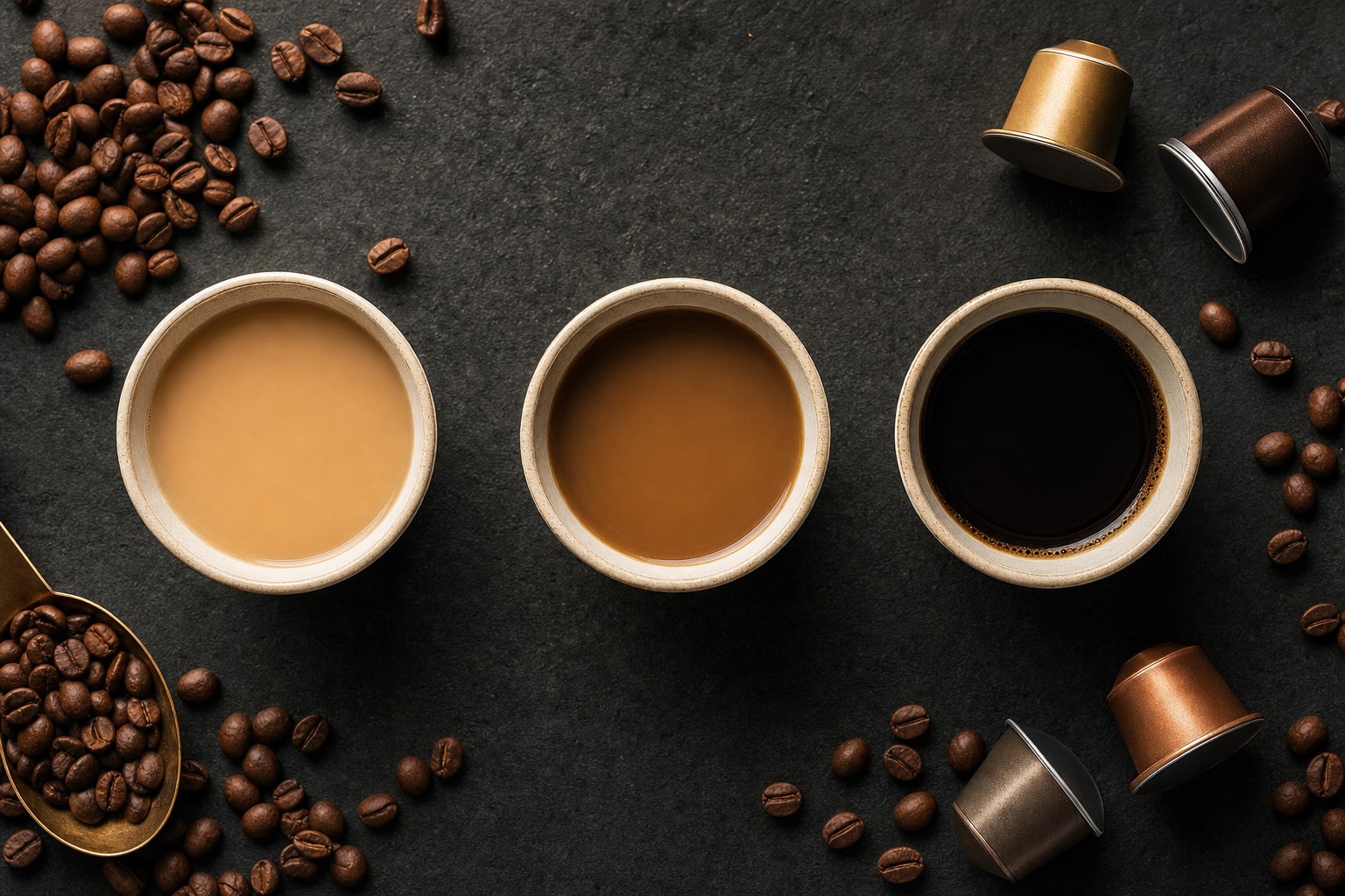 Three cups of coffee in different shades with coffee beans and pods