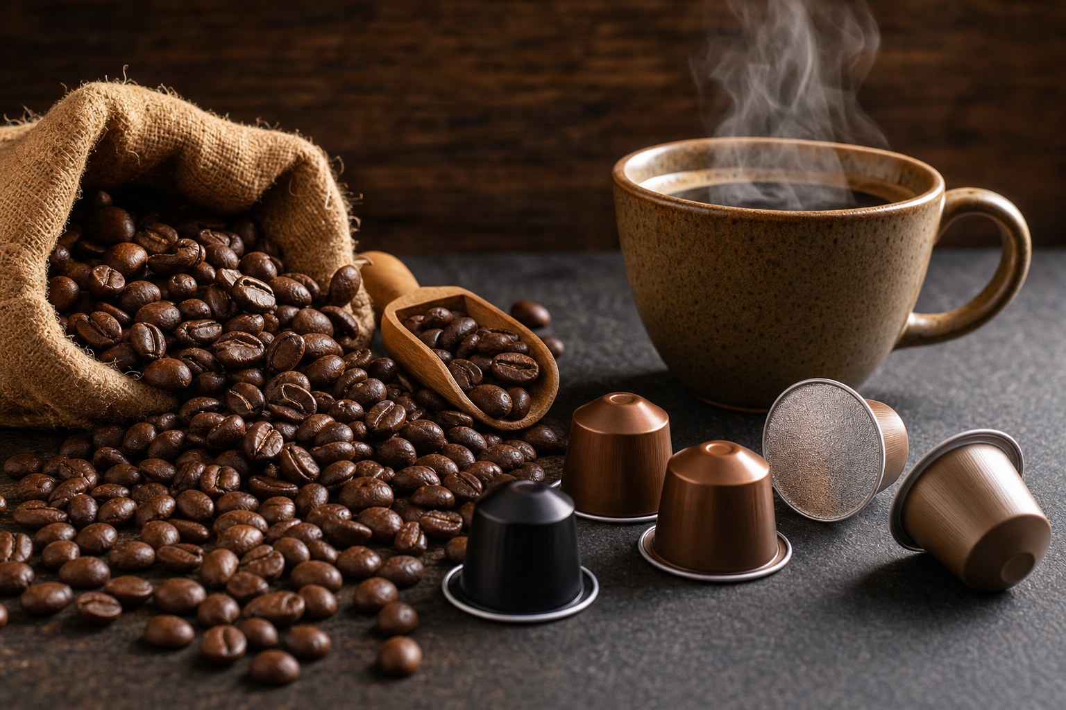 Fresh coffee beans, unbranded coffee pods, and a steaming cup of coffee