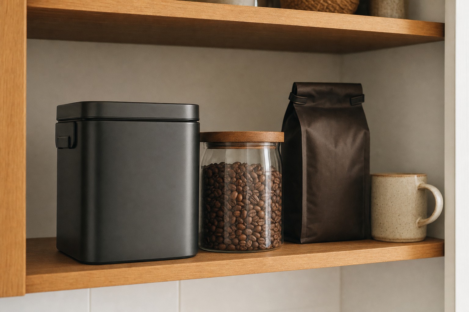 Opaque coffee canister and sealed coffee bag stored on a kitchen shelf