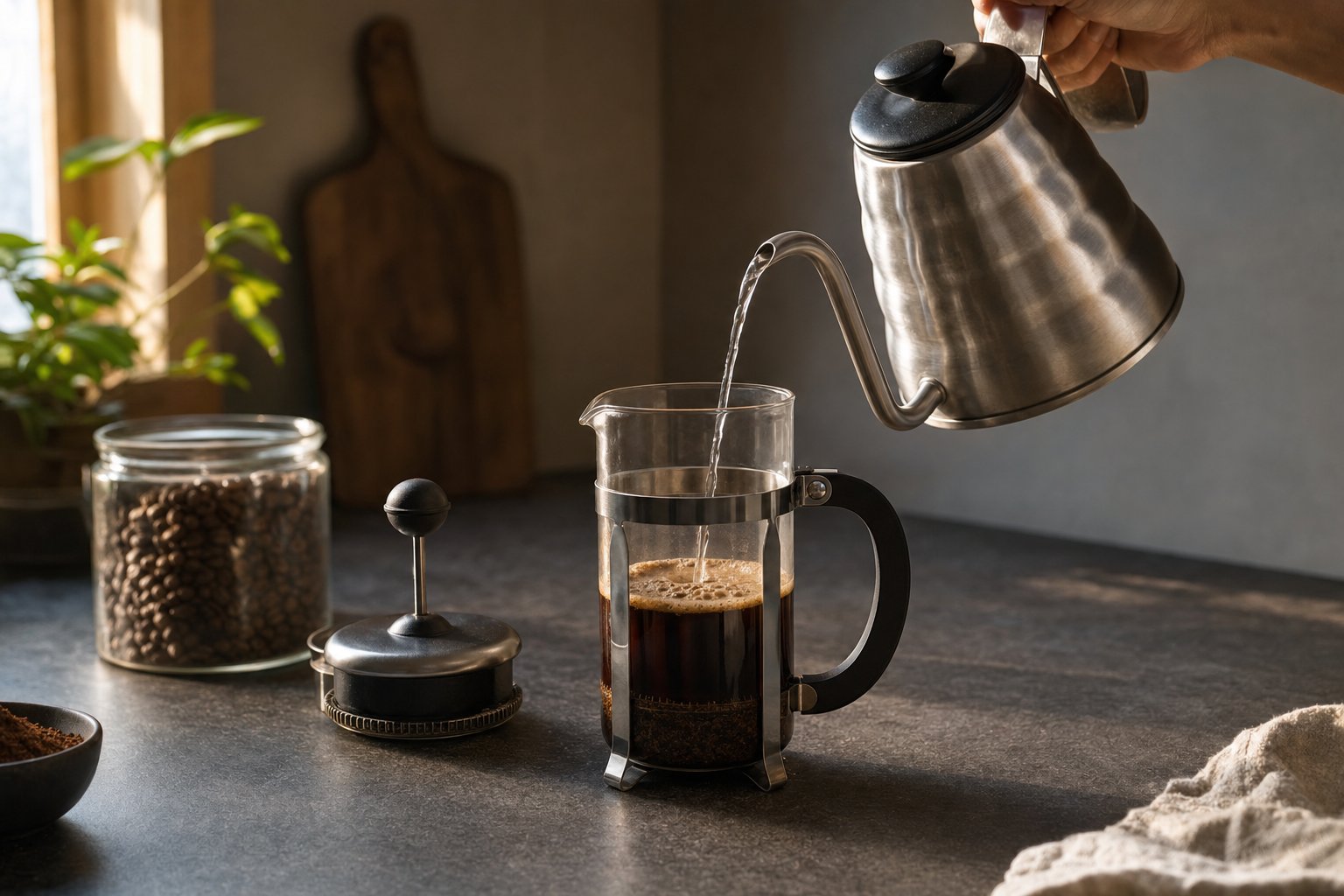 Hot water being poured into a glass French press during brewing