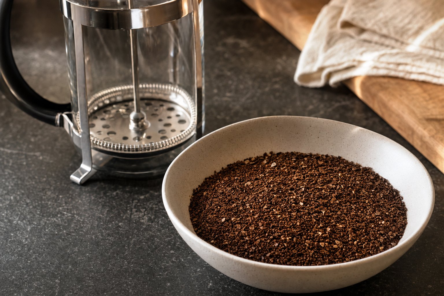 Coarse coffee grounds in a bowl beside an empty glass French press