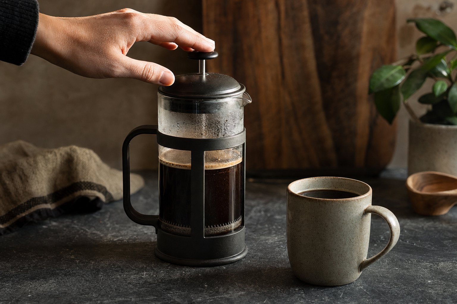 A hand gently pressing a glass French press beside a filled coffee cup
