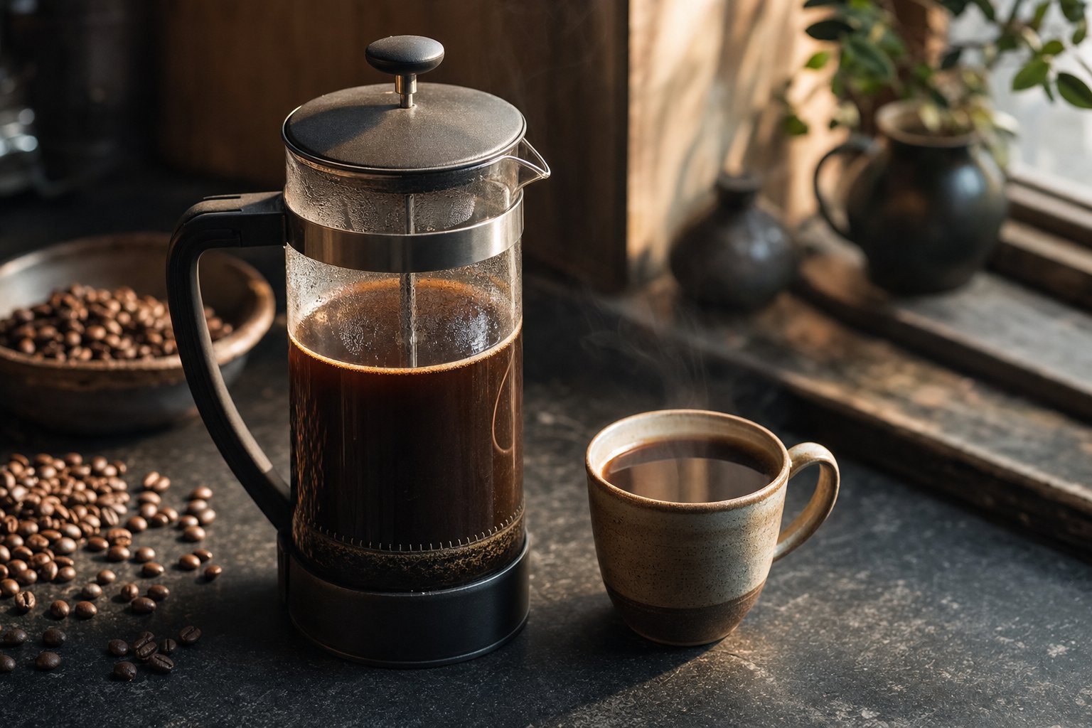 Freshly brewed coffee in a glass French press beside a ceramic cup on a dark counter