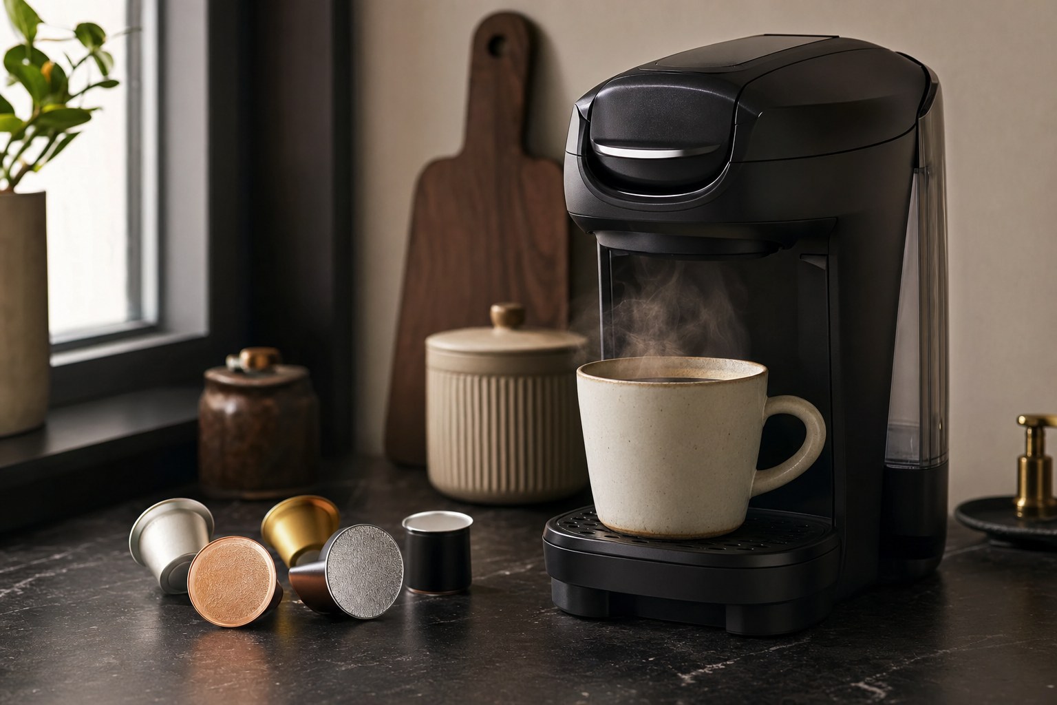 Single-serve coffee brewer, coffee pods, and a freshly brewed mug