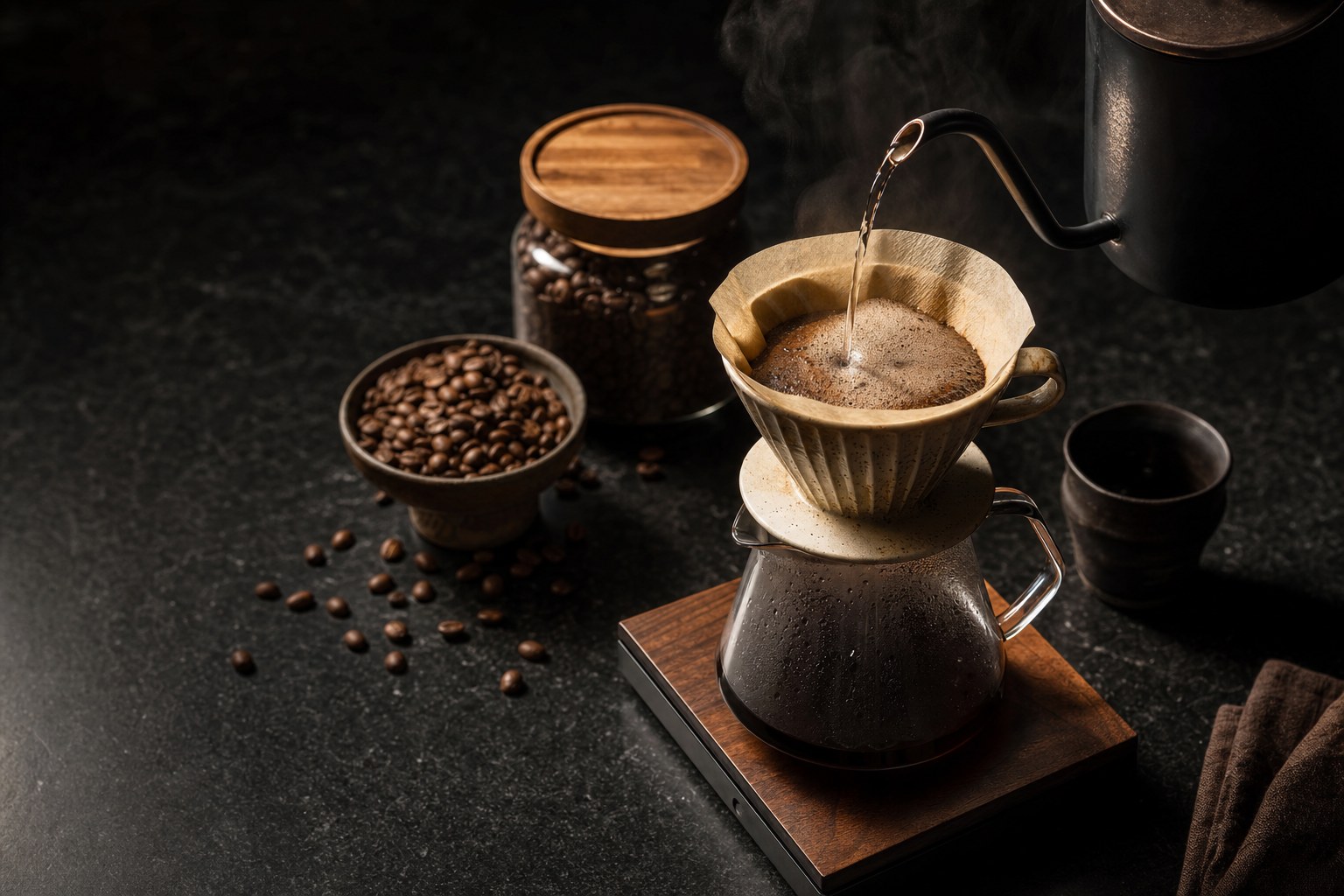 Pour-over coffee brewing on a dark stone counter