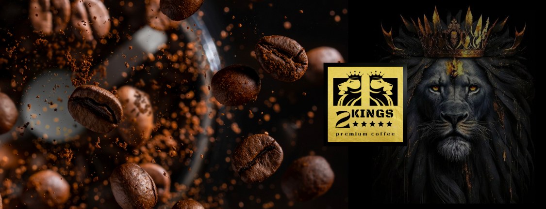2 Kings Premium Coffee crowned lion header art with coffee beans
