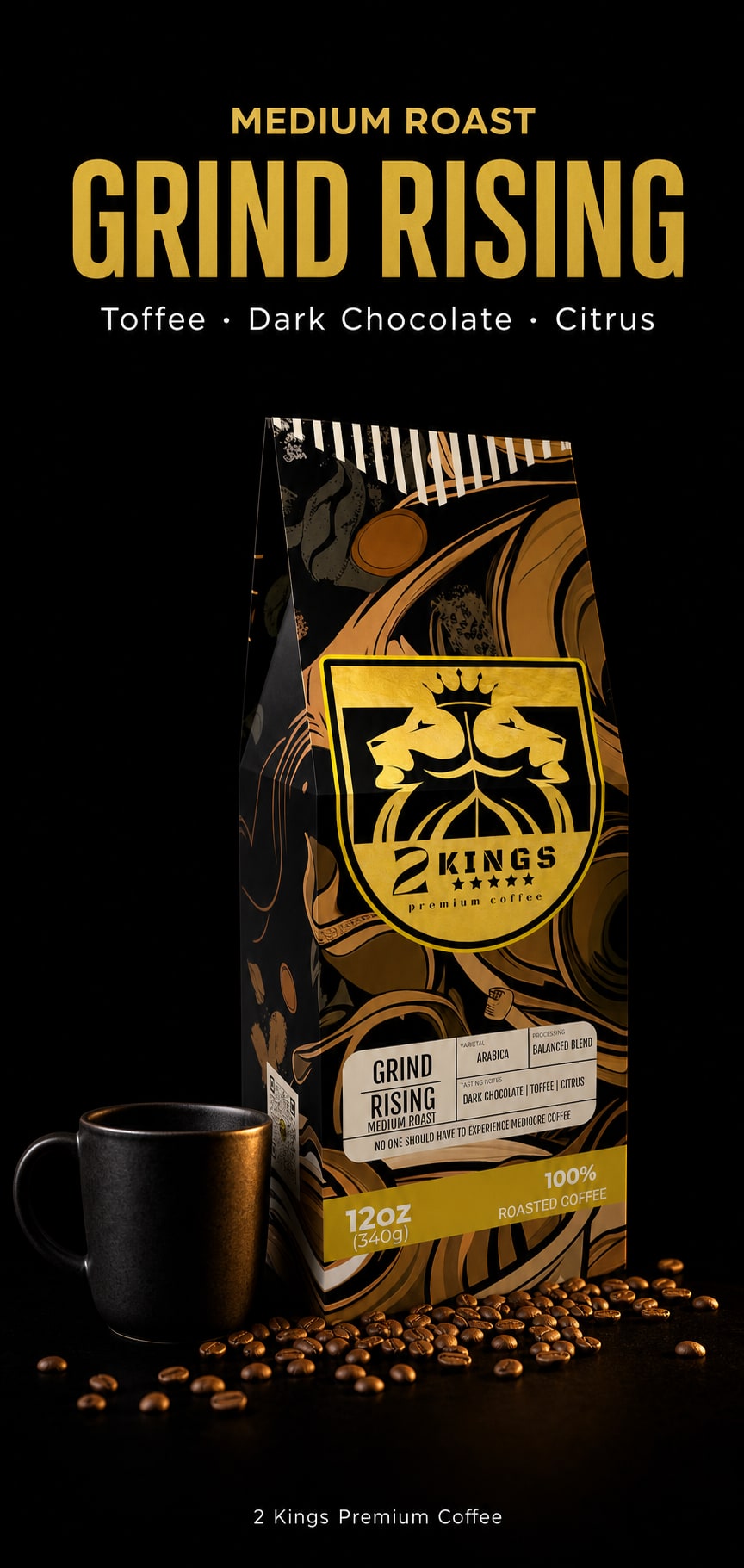 2 Kings Grind Rising medium roast coffee package