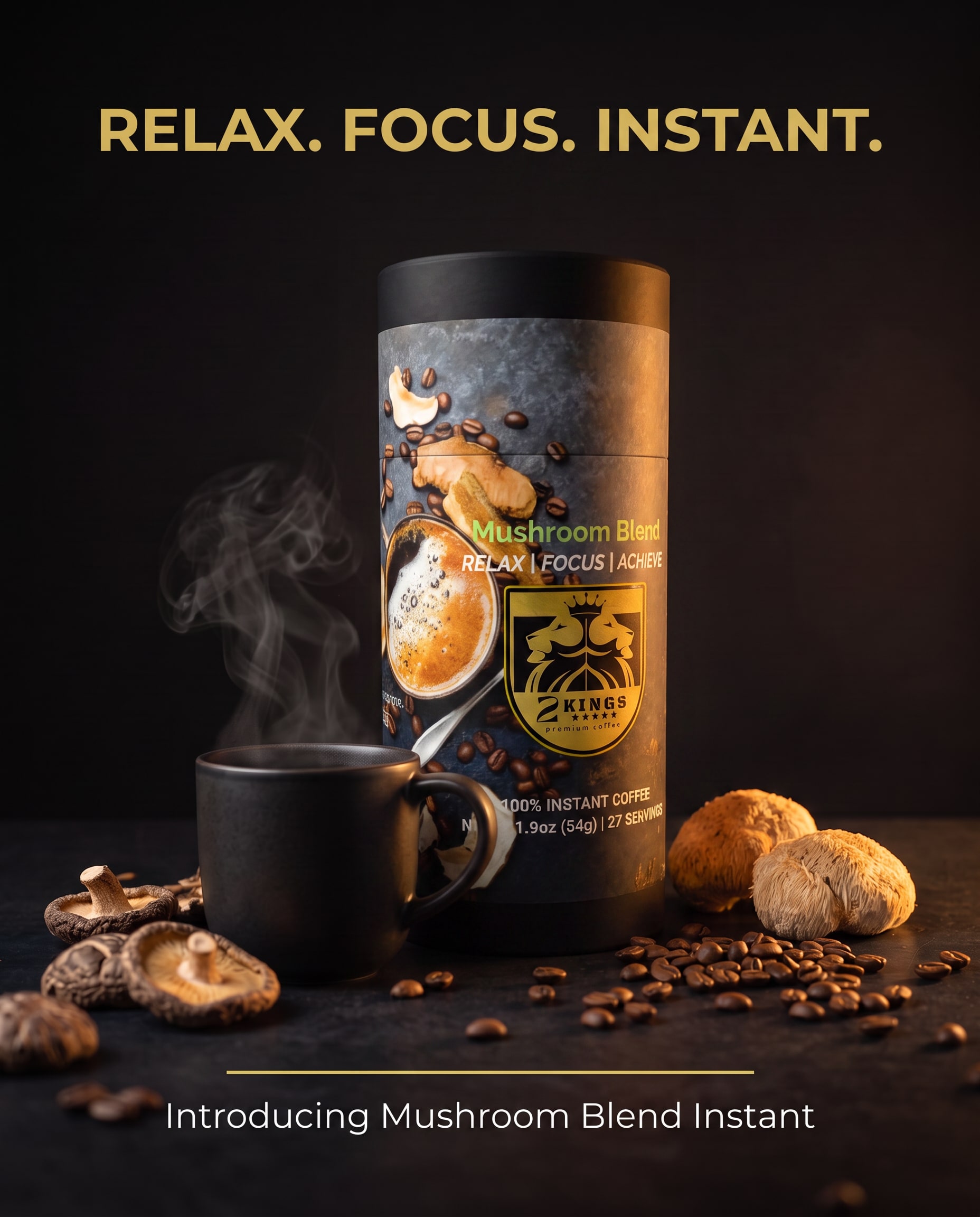 2 Kings Mushroom Blend Instant Coffee in its retail package