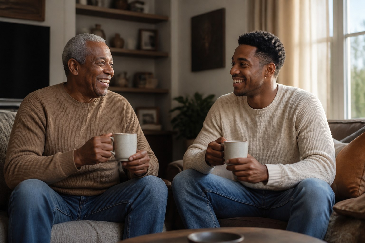 A father and adult son sharing coffee together