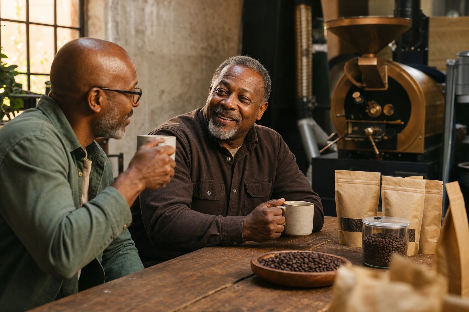 Two fathers sharing coffee in a roastery