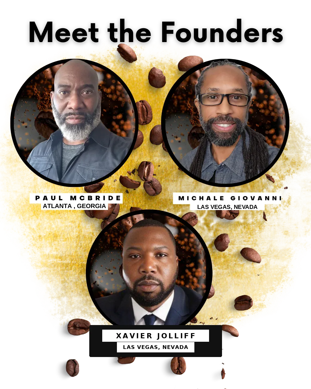 Portrait collage of 2 Kings Premium Coffee founders with coffee beans