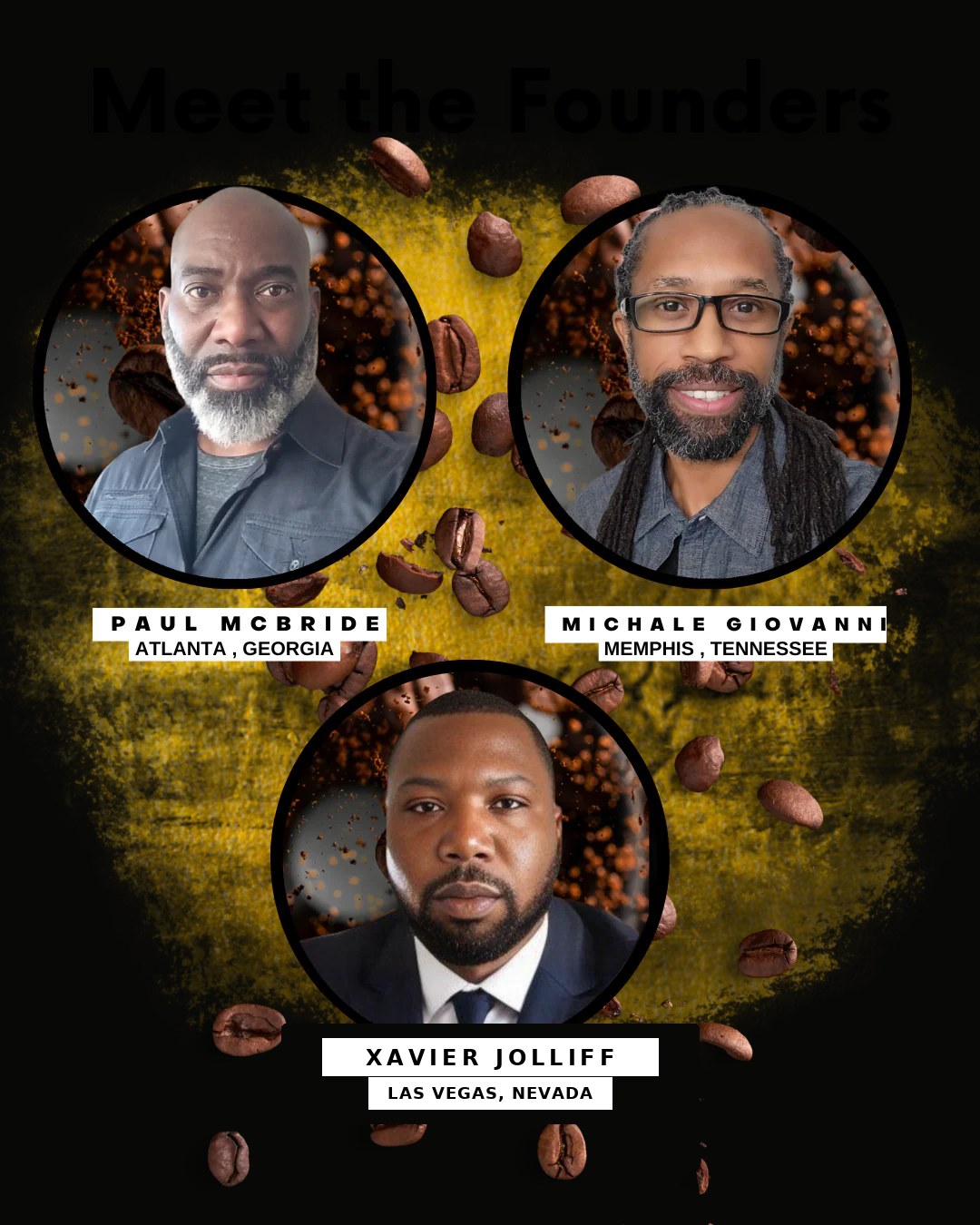 Portrait collage of 2 Kings Premium Coffee founders with coffee beans