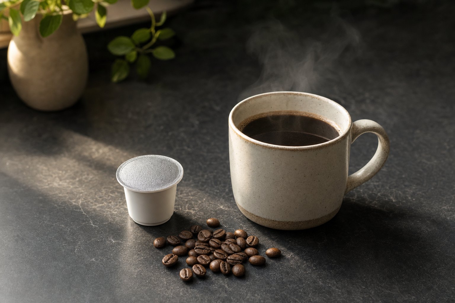 Single-serve coffee pod beside a steaming mug and roasted coffee beans