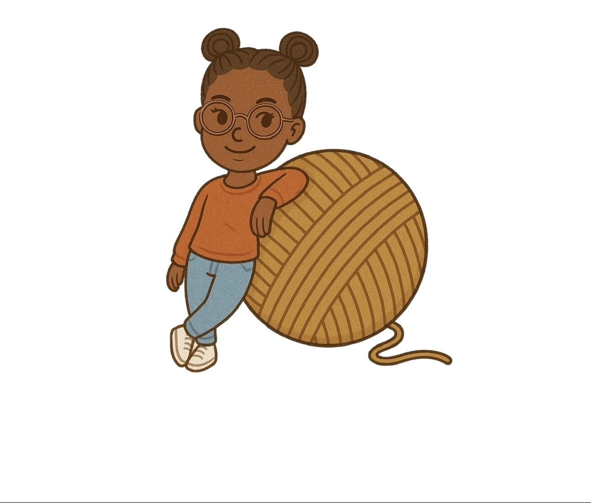 Girl with glasses leaning on a large ball of yarn